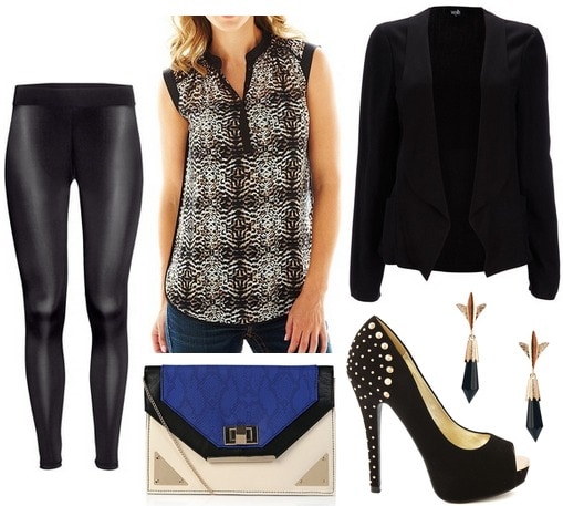 Leather leggings, printed blouse, blazer, pumps