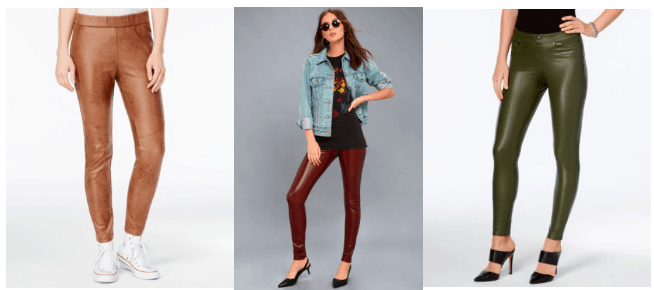 The leather leggings trend is seen with pairs in camel, burgundy, and olive green