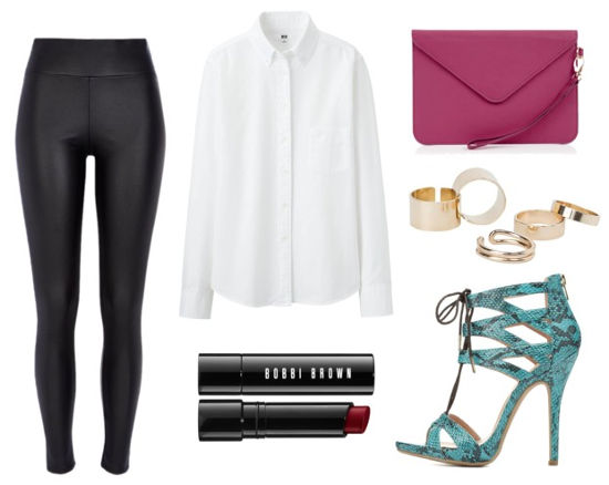 Leather leggings white shirt turquoise heels