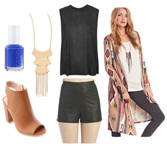 Leather shorts and printed duster cardigan