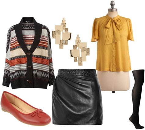 How to wear a leather skirt during the day with a cardigan, blouse, earrings, flats and tights