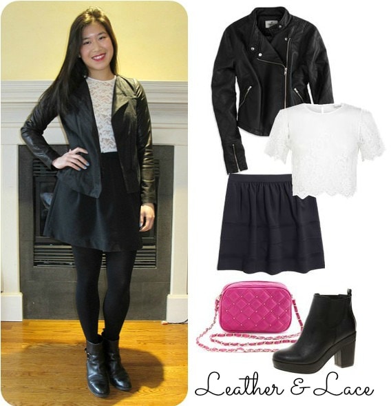 black skater skirt, leather jacket, lace top