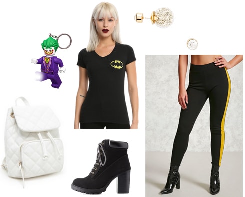 Outfit inspired by the Lego Batman movie: Black leggings and top, cute white backpack, ankle booties, Joker keychain