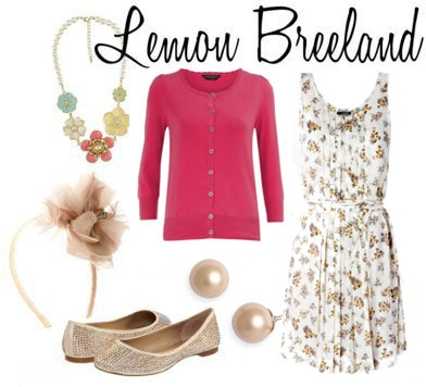 Lemon Breeland outfit 1: White floral dress, hot pink cardigan, floral accessories, sparkle shoes