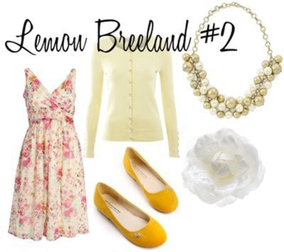 Lemon Breeland Outfit 2: Pink dress, light yellow cardigan, yellow flats, white hair flower, bauble necklace