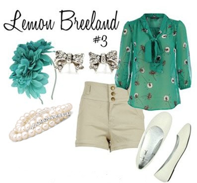 Lemon Breeland Outfit 3: Daisy blouse, khaki shorts, glitter flats, pearl bracelet, flower headband, bow studs