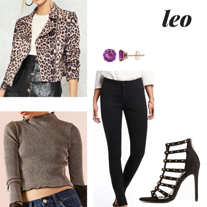 Astrology fashion: Outfit for a Leo girl with black skinny pants, gray cropped turtleneck, leopard print moto jacket, strappy heels