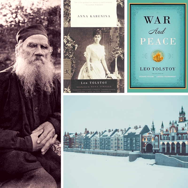 Leo Tolstoy photo, book covers, and photo of Russia