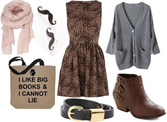 how to style a leopard dress for day with black belt brown booties pink scarf graphic tote gray cardigan and mustache earrings