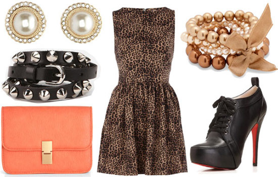 "how to style a leopard dress for night with spiked black belt black ankle booties coral clutch pearl studs and pearl bangles