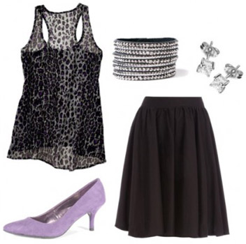 A leopard print tank worn with a mid-length black skirt, purple kitten heels, and cute jewelry