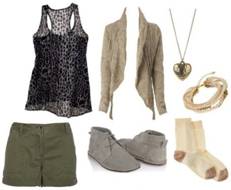 A leopard print tank worn with green shorts, a cardigan, and gray boots