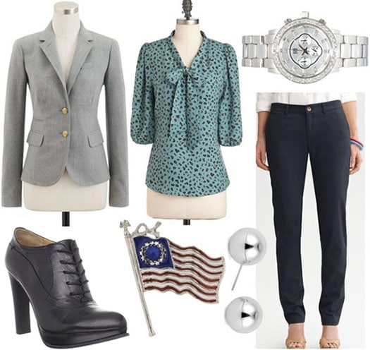 Fashion inspired by Leslie Knope from Parks and Recreation: Grey blazer, bow blouse, trousers, stud earrings, watch, high-heel oxfords, pin