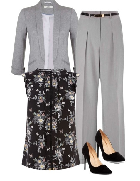 Best fictional female role models for college women: Leslie Knope. Outfit inspired by Leslie with gray pantsuit, black pointed toe heels, floral blouse in black