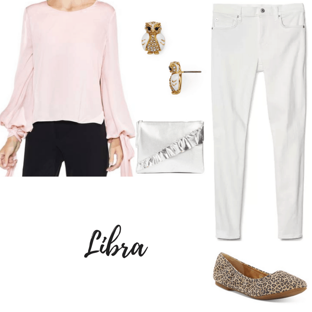 libra outfit pink blouse owl earrings ruffled clutch white jeans leopard flats