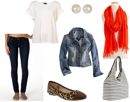 Library outfit 2: Jeggings, loose tee, jean jacket, statement scarf, leopard flats