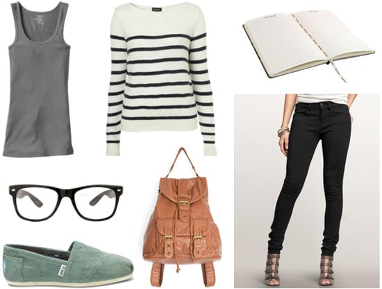 Library outfit 3: Skinny pants, striped sweater, layering tank, green TOMS, backpack