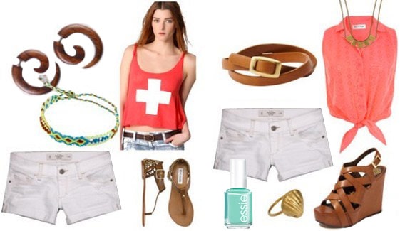 Lifeguard-inspired outfits: White shorts, sandals, bracelets, lifeguard tee, or white shorts, blouse, belt, statement accessories and nail polish