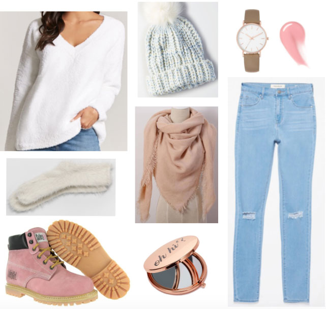 Casual outfit including AE light blue beanie, ripped skinny jeans and fuzzy sweater + socks.