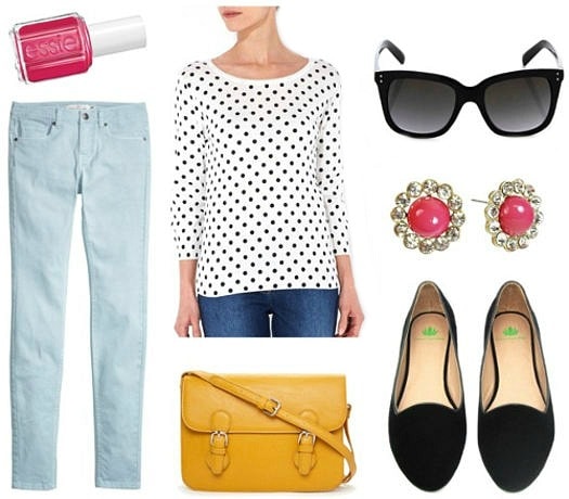 Light blue jeans polka dot top loafers Essie nail polish
