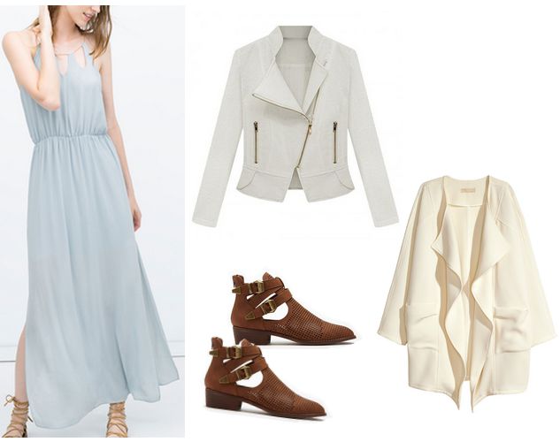 light blue maxi dress, jacket, and boooties