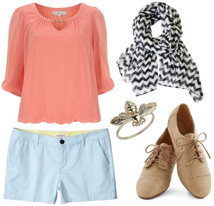 Light blue shorts, coral top, chevron scarf, oxfords