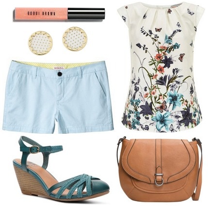 Light blue shorts, printed top, teal wedge sandals