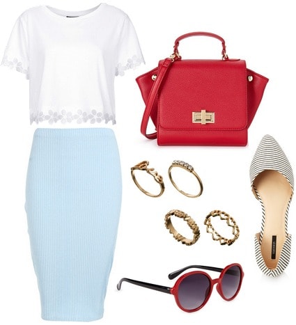 Light blue skirt, crop top, red handbag, d'orsay flats