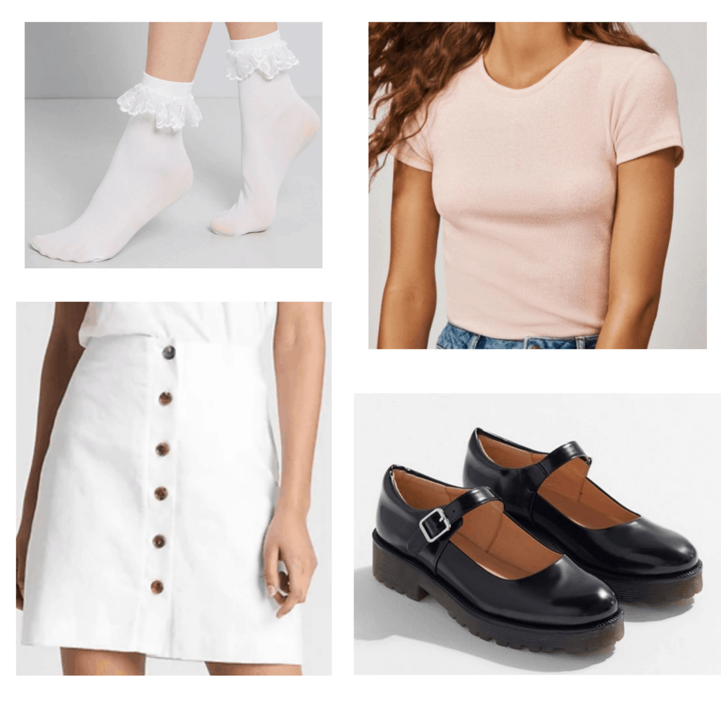 Light pink crop top with white button down skirt, white ankle socks and black mary jane shoes