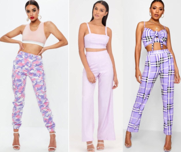 Lilac pants style with camo lilac pants, lilac flare pants, and lilac checker pants.