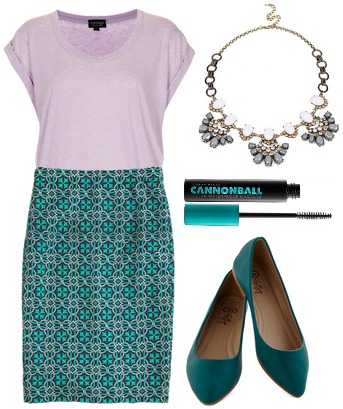 Lilac tee, teal print skirt, teal flats, statement necklace