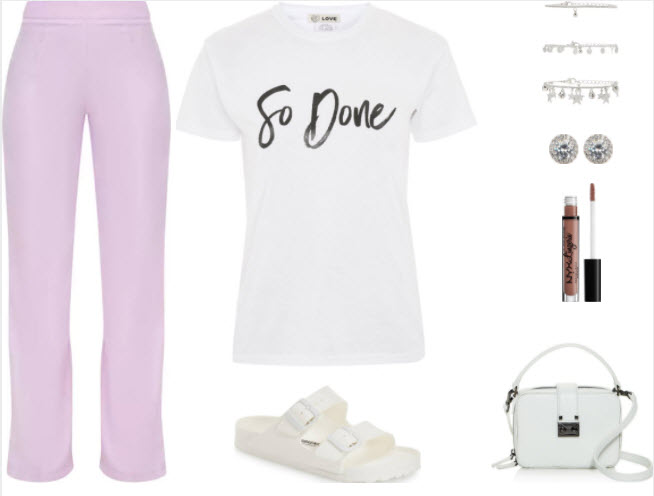 Lilac pants style for class with white "so done" t-shirt, white birkenstock sandals, white purse, nude lipstick, silver studs, and silver charm bracelets.