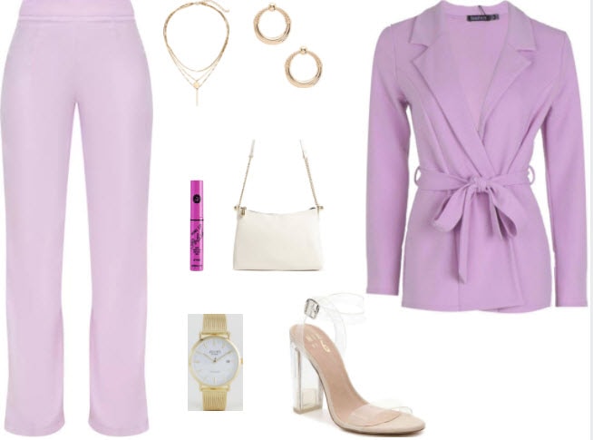 Lilac pants style with lilac top, white purse, clear strap heels, pink lipstick, gold watch, gold necklace, and gold hoop earrings.