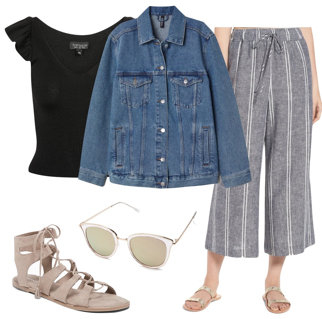 Lily Collins Outfit: blue striped culottes, black frill shoulder top, denim jacket, mirrored sunglasses, and nude lace-up gladiator sandals