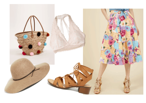 Outfit inspired by Lisa from the movie girls trip: Floral midi skirt, lace bralette, oversized sun hat, pom pom tote bag, strappy sandals