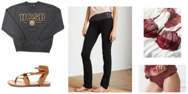 Cute loungewear outfit for around the dorm - sweats, yoga pants, sandals, bralette