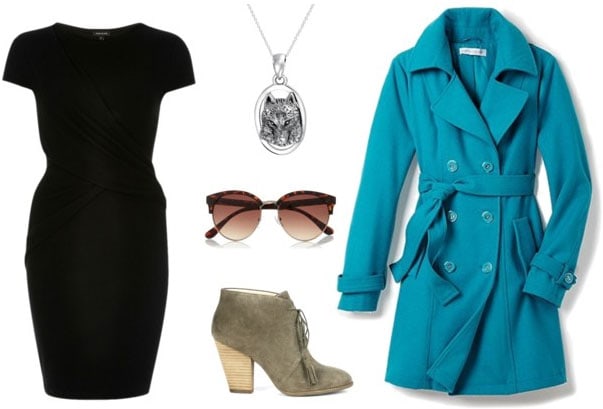Outfit idea: Little black dress, teal trench, ankle booties, sunglasses