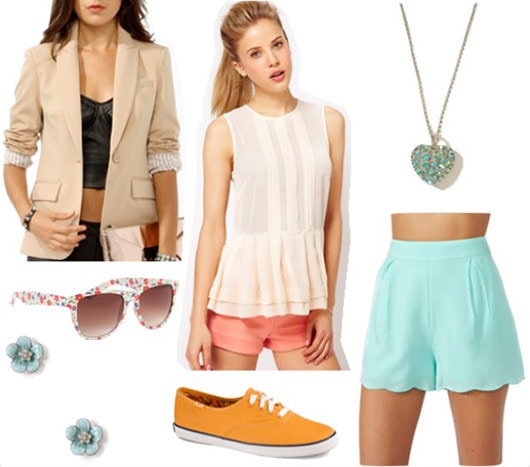 Outfit inspired by One Direction's Live While We're Young: Aqua shorts, off white lace tank, beige blazer, heart necklace, patterned sunglasses, orange sneakers