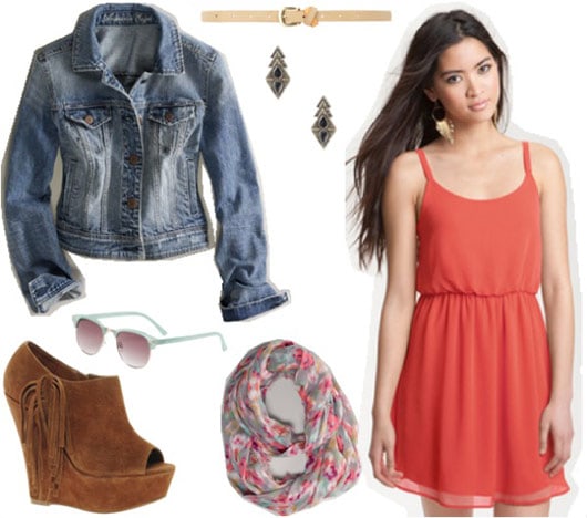 Outfit inspired by One Direction's Live While We're Young: Orange dress, denim jacket, suede wedges, patterned scarf, sunglasses, contrasting belt