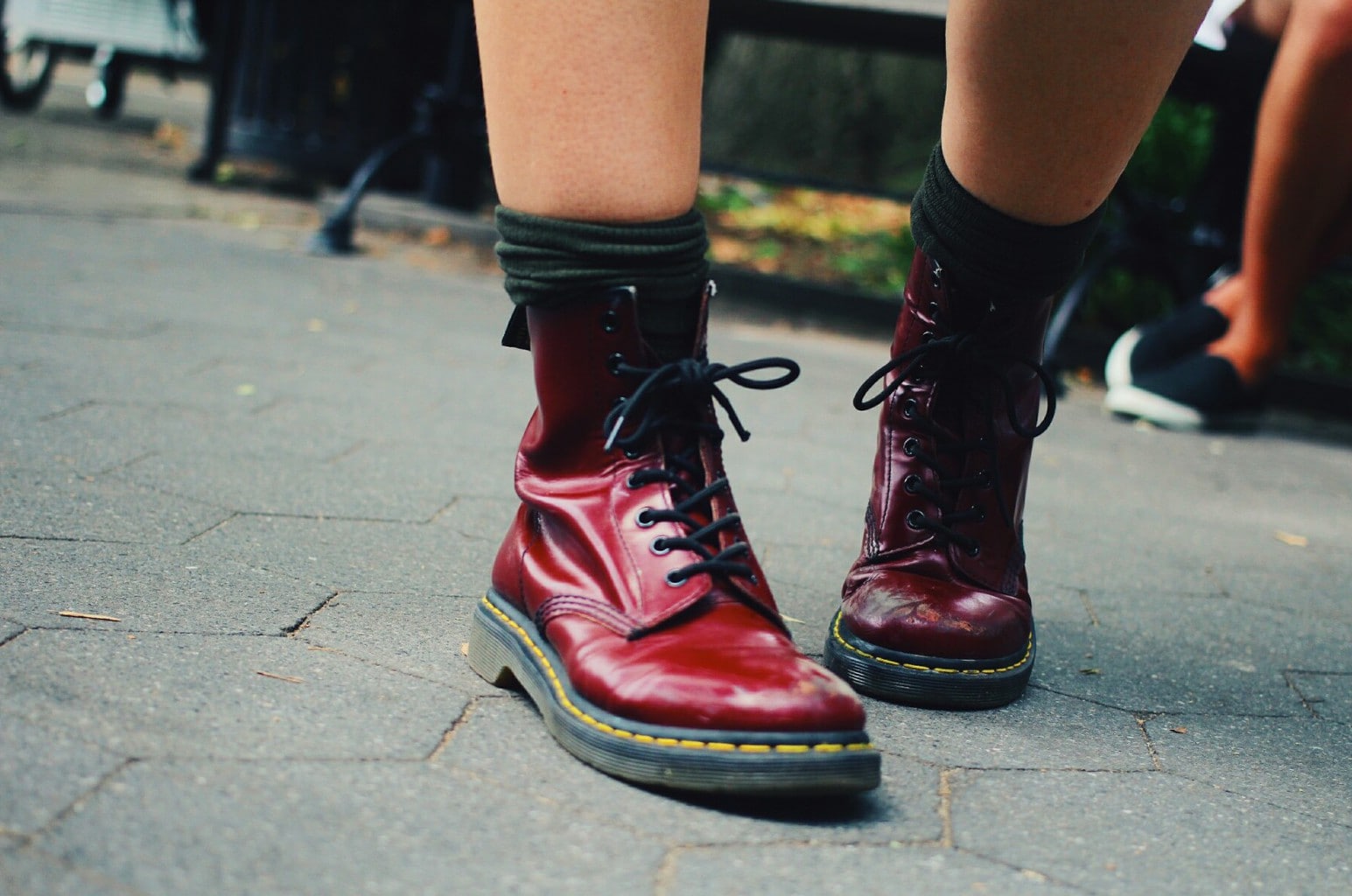 Fashion at School of Visual Arts, NYC - student Kaylee wears the latest college styles and trends, including Doc Martens maroon boots