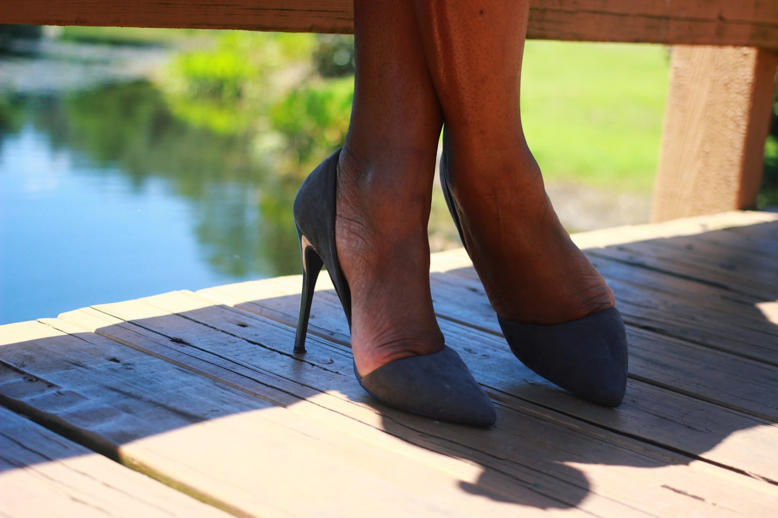 Church outfit details: Dressy black pointed-toe pumps in a soft suede fabric.