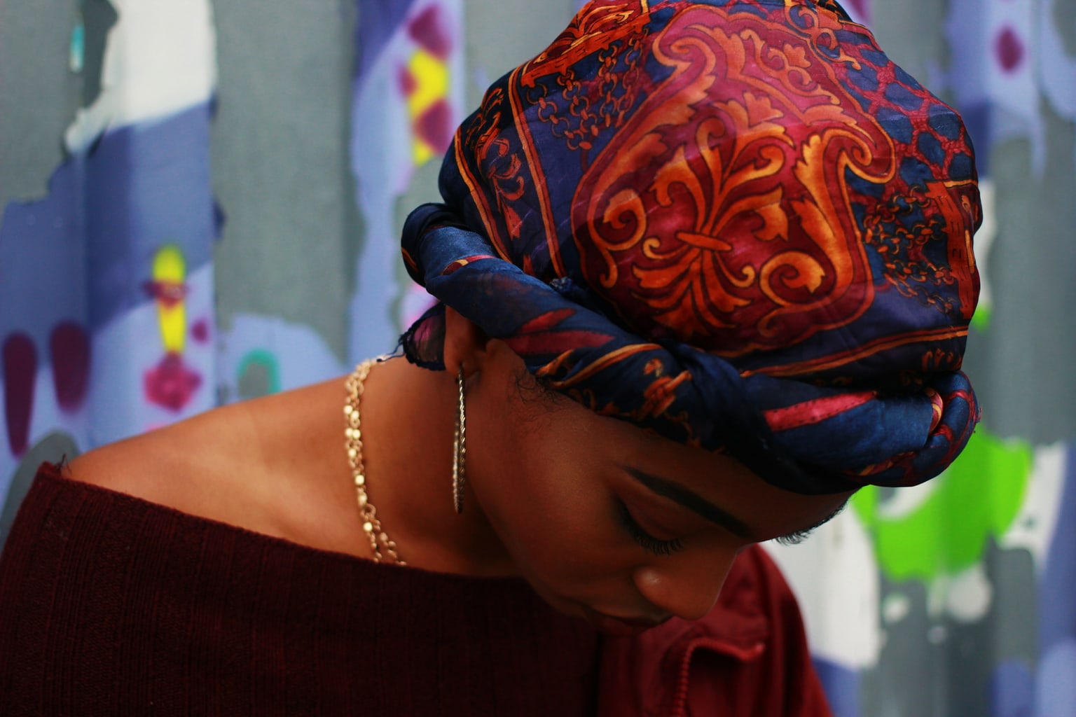 Navy, dark red, and maroon headscarf on University of North Carolina student.