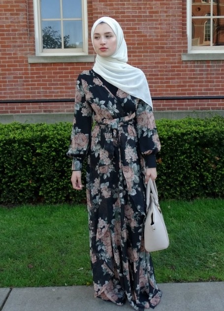 Modest fashion in college: Student Talia wears a long floral dress and head scarf in summer