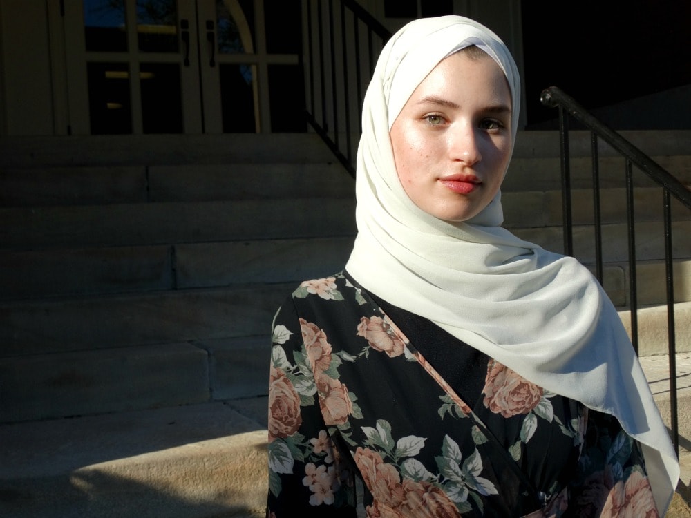 Modest college student fashion: WVU student Talia wears a hijab headscarf in beige