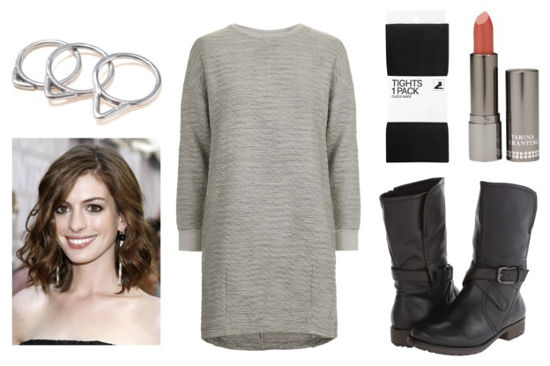 Loft lookbook gray sweatshirt dress black boots