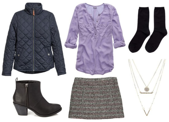 Loft lookbook purple blouse quilted jacket tweed skirt