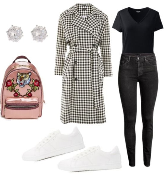 London street style inspired outfit: Checkered black and white trench, Black v-neck tee shirt, black skinny jeans, rose gold backpack with a tiger embellishment, stud earrings, white sneakers