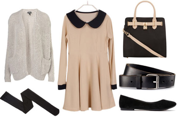 How to wear a long sleeve collared dress for day with black tights, a gray cardigan, a black belt, black velvet flats, and a black and beige tote