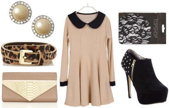 How to style a long sleeve collared dress for night with textured tights, studded ankle booties, a leopard belt, a beige clutch, and pearl studs