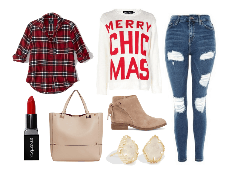 Holiday shopping outfit: Merry ChicMas white and red sweater, red and white plaid shirt, ripped skinny jeans, beige tote bag, suede ankle booties, gold and clear geode earrings, red lipstick